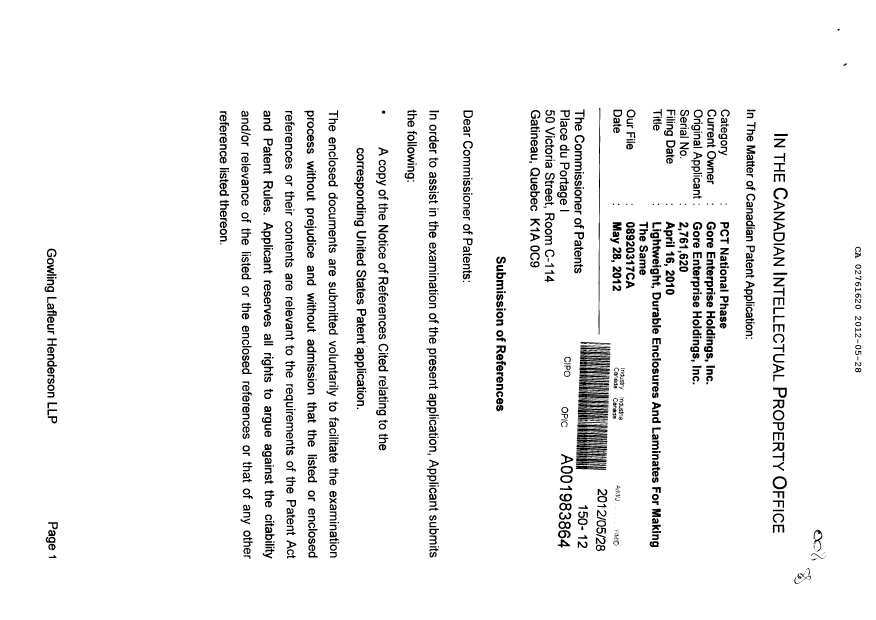 Document de brevet canadien 2761620. Poursuite-Amendment 20120528. Image 1 de 2