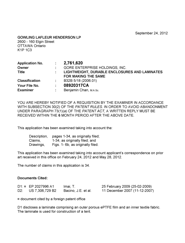 Document de brevet canadien 2761620. Poursuite-Amendment 20120924. Image 1 de 3