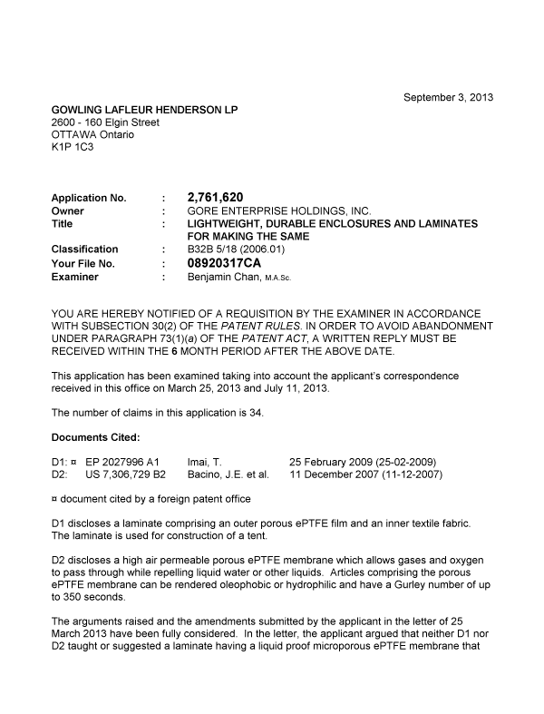 Canadian Patent Document 2761620. Prosecution-Amendment 20130903. Image 1 of 3