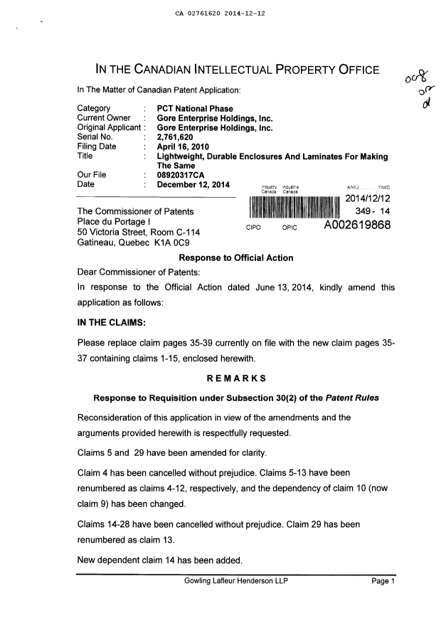 Document de brevet canadien 2761620. Poursuite-Amendment 20141212. Image 1 de 7