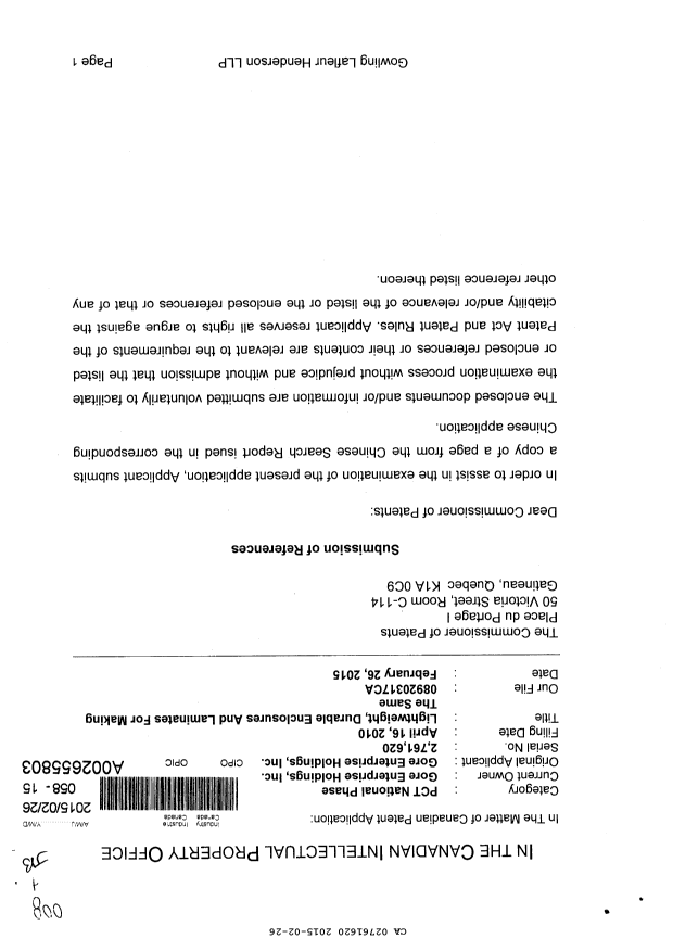 Canadian Patent Document 2761620. Prosecution-Amendment 20150226. Image 1 of 2