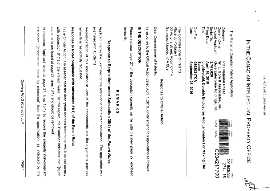 Document de brevet canadien 2761620. Modification 20160926. Image 1 de 3