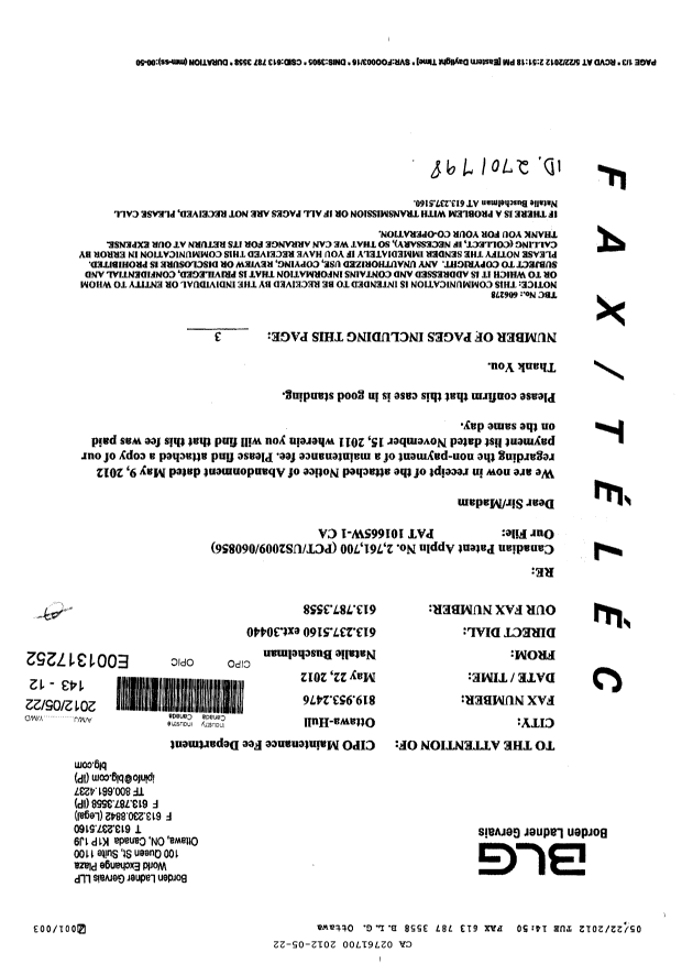 Canadian Patent Document 2761700. Correspondence 20120522. Image 1 of 3