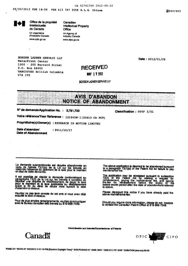 Document de brevet canadien 2761700. Correspondance 20120522. Image 2 de 3