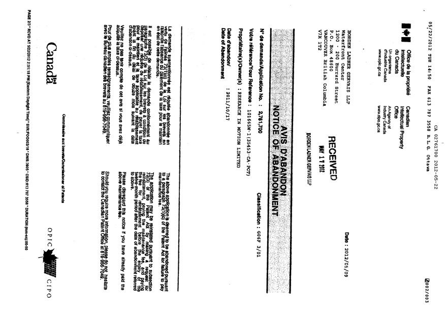 Canadian Patent Document 2761700. Correspondence 20120522. Image 2 of 3