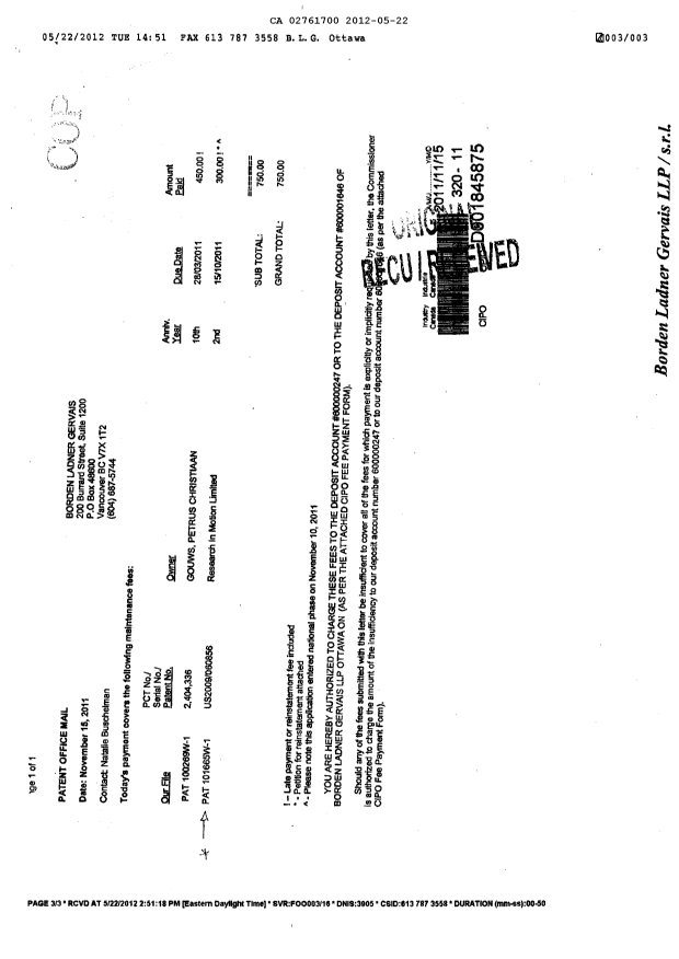 Document de brevet canadien 2761700. Correspondance 20120522. Image 3 de 3