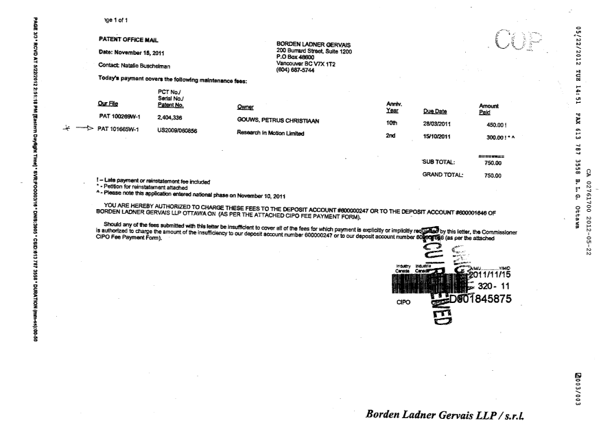 Canadian Patent Document 2761700. Correspondence 20120522. Image 3 of 3