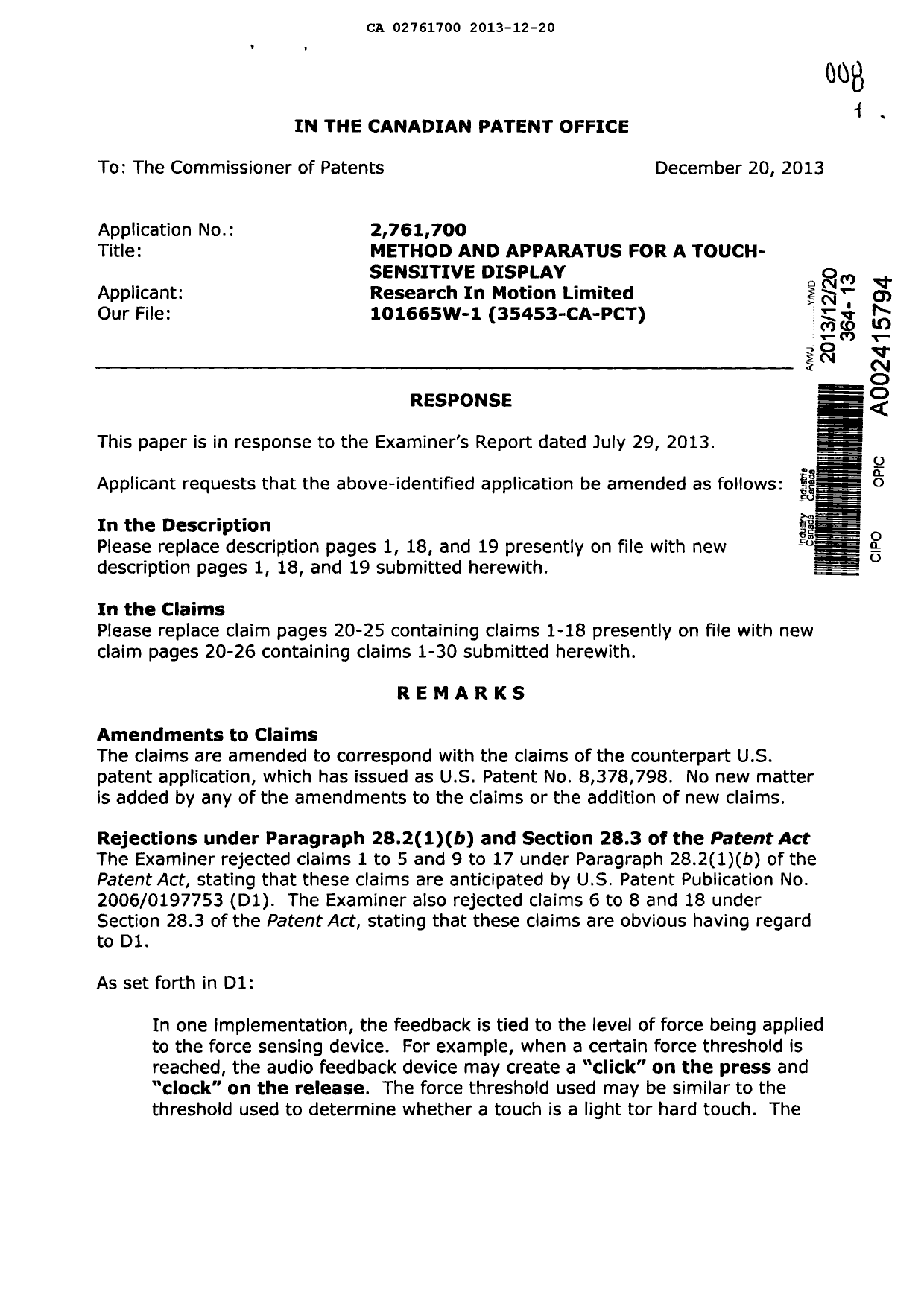 Document de brevet canadien 2761700. Poursuite-Amendment 20131220. Image 1 de 13