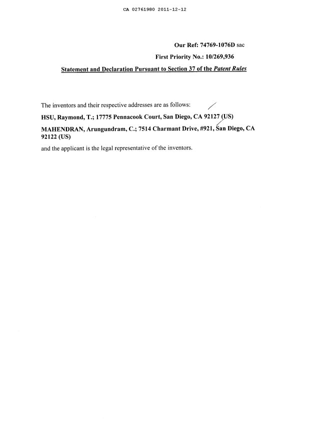 Document de brevet canadien 2761980. Cession 20111212. Image 3 de 3