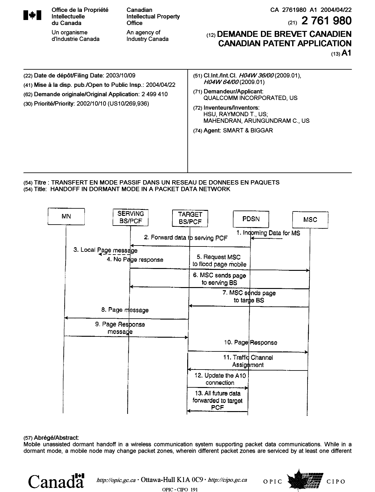 Document de brevet canadien 2761980. Page couverture 20120127. Image 1 de 2
