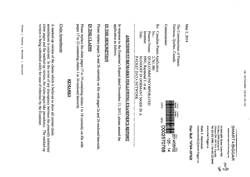Document de brevet canadien 2761980. Poursuite-Amendment 20140502. Image 1 de 20