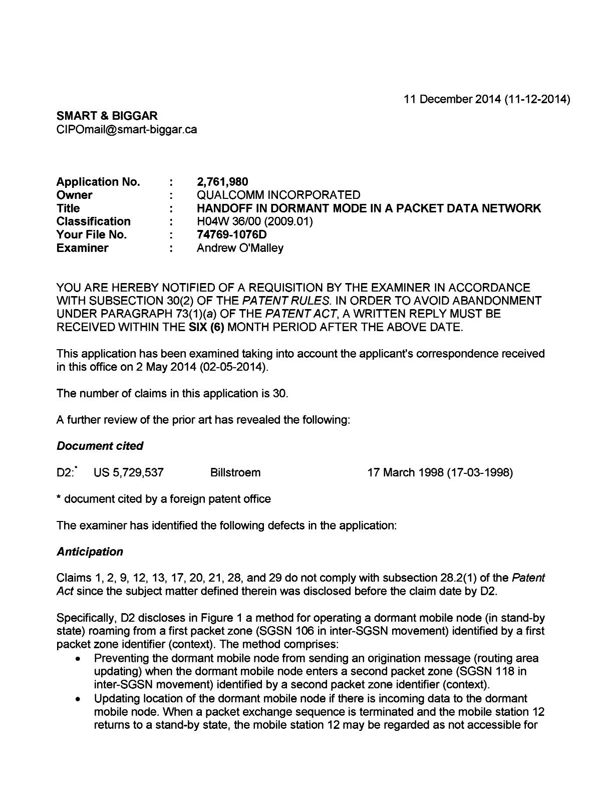 Document de brevet canadien 2761980. Poursuite-Amendment 20141211. Image 1 de 3