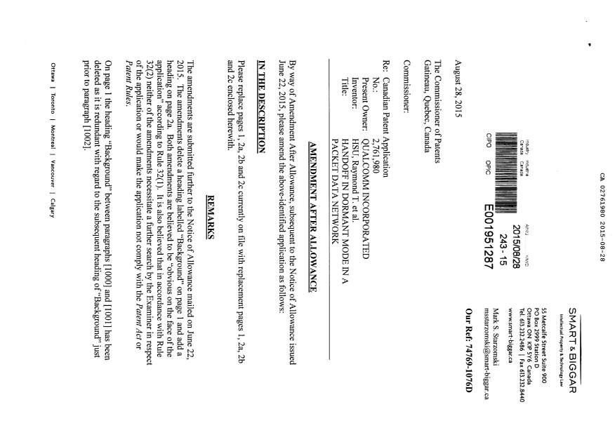 Document de brevet canadien 2761980. Modification après acceptation 20150828. Image 1 de 6