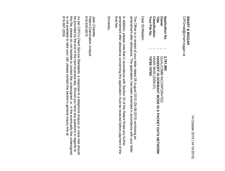 Document de brevet canadien 2761980. Poursuite-Amendment 20151014. Image 1 de 1