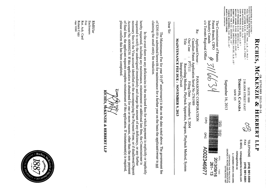 Document de brevet canadien 2761989. Taxes 20130916. Image 1 de 1