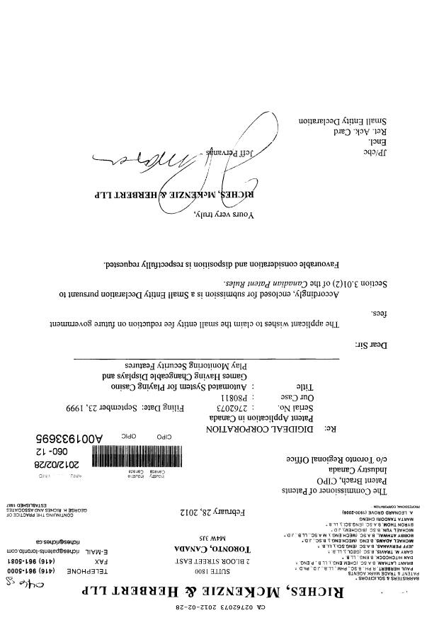 Canadian Patent Document 2762073. Correspondence 20120228. Image 1 of 2