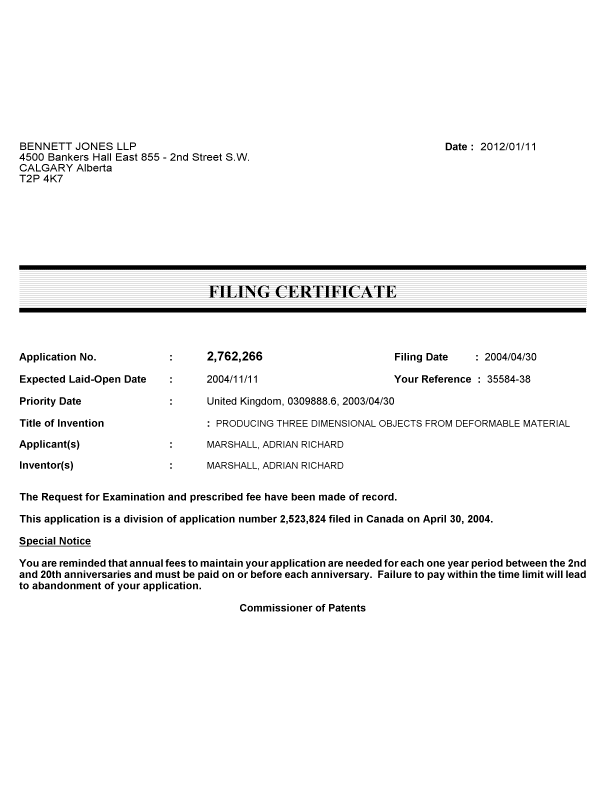Canadian Patent Document 2762266. Correspondence 20120110. Image 1 of 1