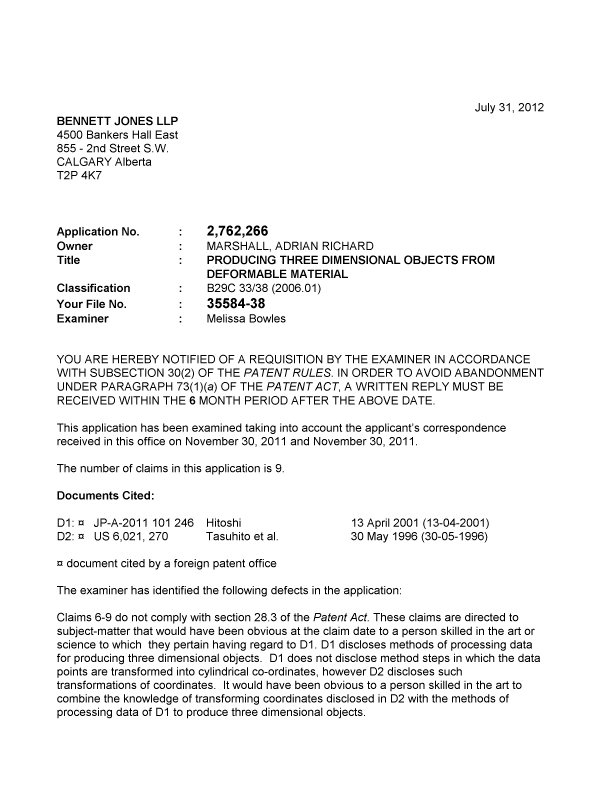 Canadian Patent Document 2762266. Prosecution-Amendment 20120731. Image 1 of 2