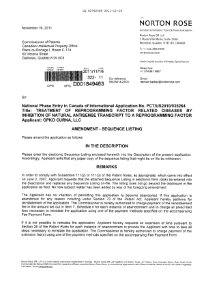 Document de brevet canadien 2762369. Poursuite-Amendment 20111116. Image 1 de 2