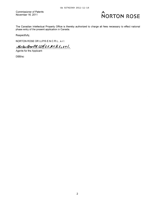 Document de brevet canadien 2762369. Cession 20111116. Image 2 de 6