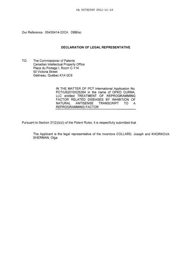 Document de brevet canadien 2762369. Cession 20111116. Image 6 de 6