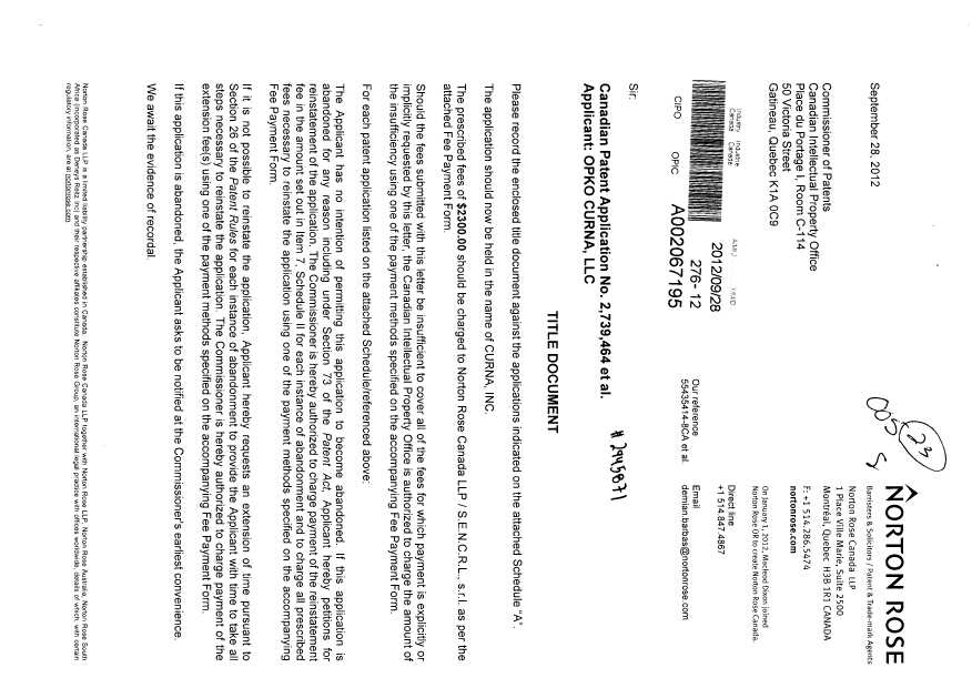Document de brevet canadien 2762369. Cession 20120928. Image 1 de 8