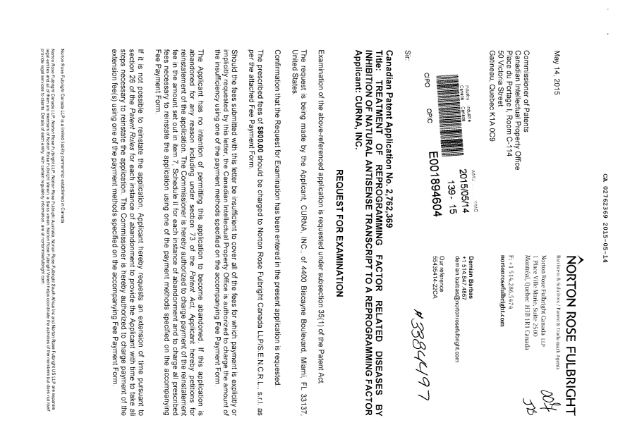 Document de brevet canadien 2762369. Poursuite-Amendment 20150514. Image 1 de 2