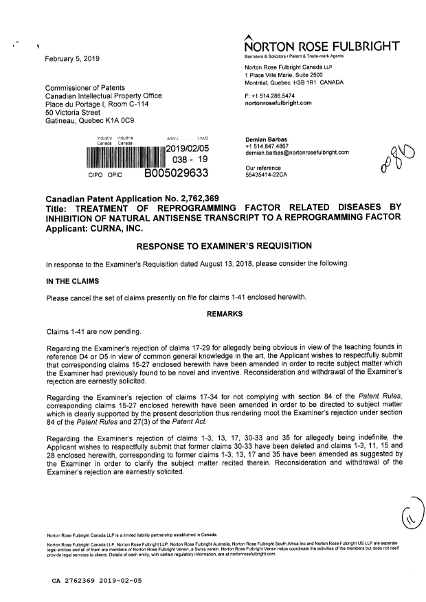 Canadian Patent Document 2762369. Amendment 20190205. Image 1 of 11