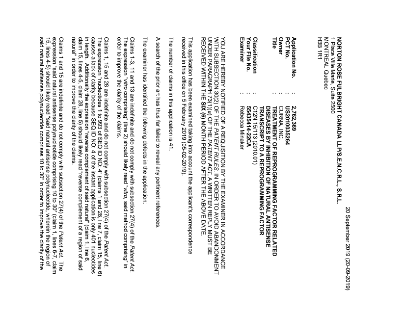 Document de brevet canadien 2762369. Demande d'examen 20190920. Image 1 de 5