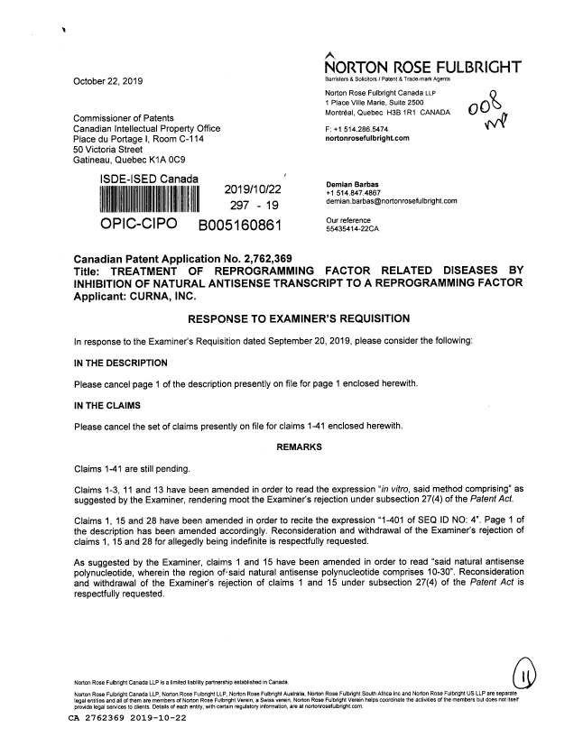 Canadian Patent Document 2762369. Amendment 20191022. Image 1 of 11
