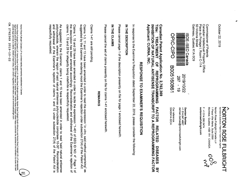 Document de brevet canadien 2762369. Modification 20191022. Image 1 de 11