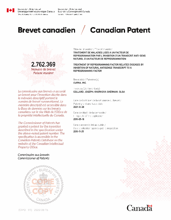 Canadian Patent Document 2762369. Electronic Grant Certificate 20211228. Image 1 of 1
