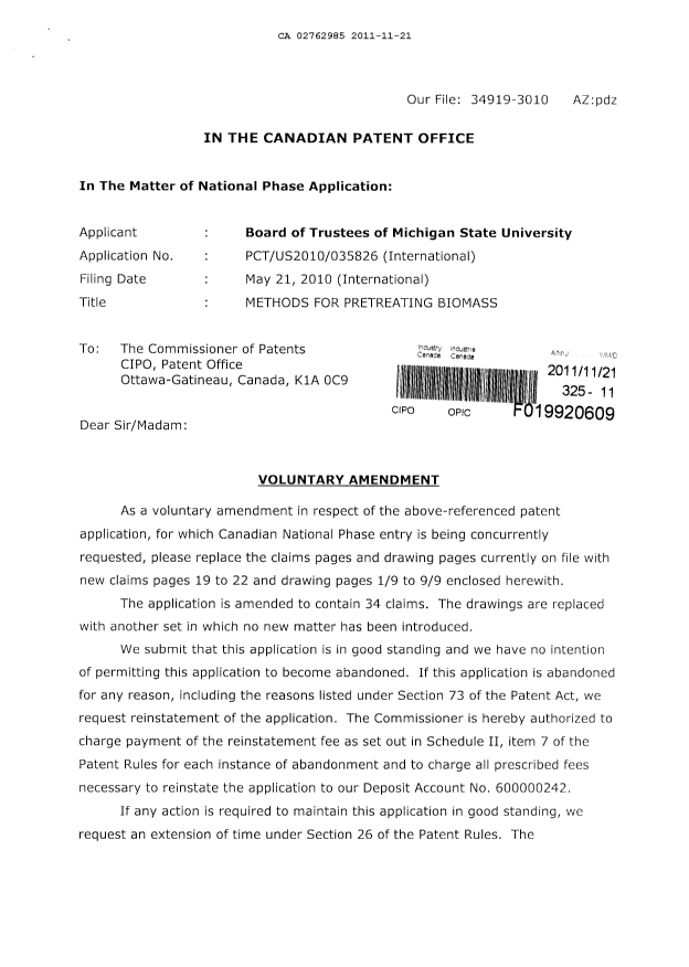 Canadian Patent Document 2762985. Prosecution-Amendment 20101221. Image 1 of 14