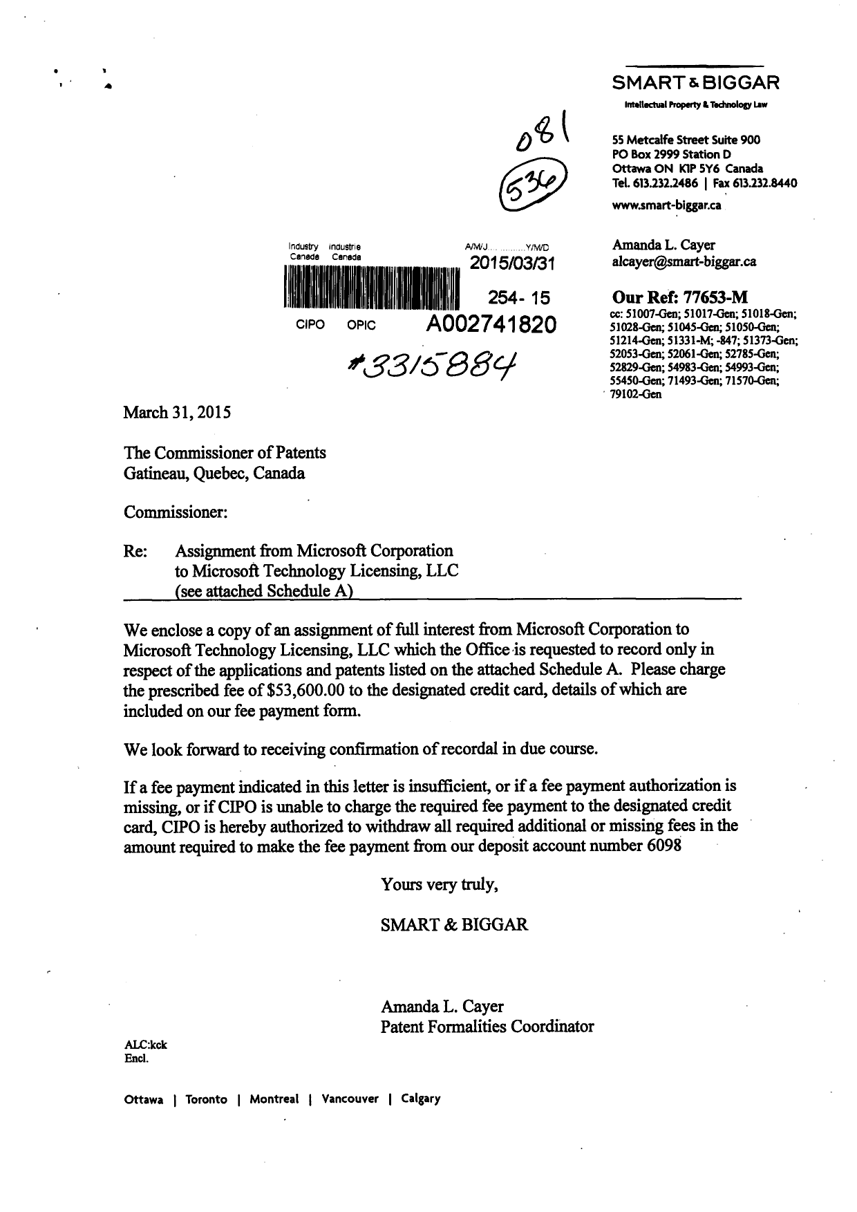 Document de brevet canadien 2763276. Cession 20150331. Image 1 de 31