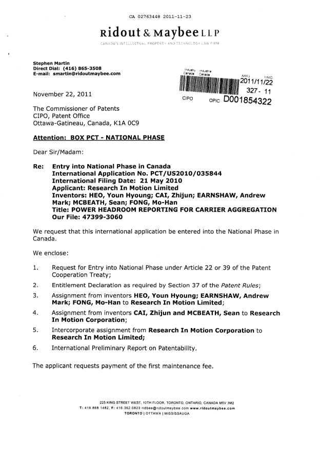 Document de brevet canadien 2763448. Cession 20111123. Image 1 de 23