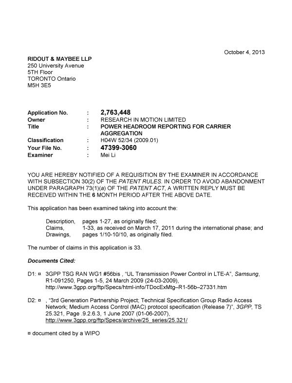 Document de brevet canadien 2763448. Poursuite-Amendment 20131004. Image 1 de 3
