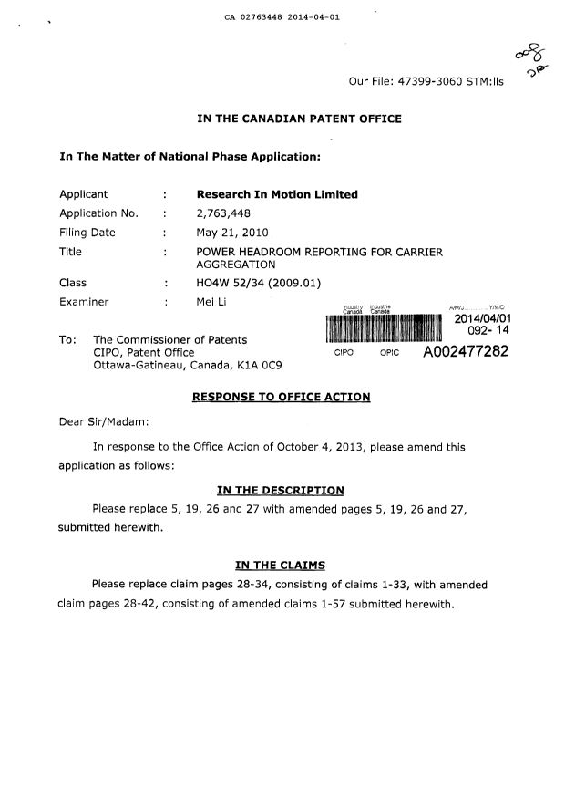 Document de brevet canadien 2763448. Poursuite-Amendment 20140401. Image 1 de 25