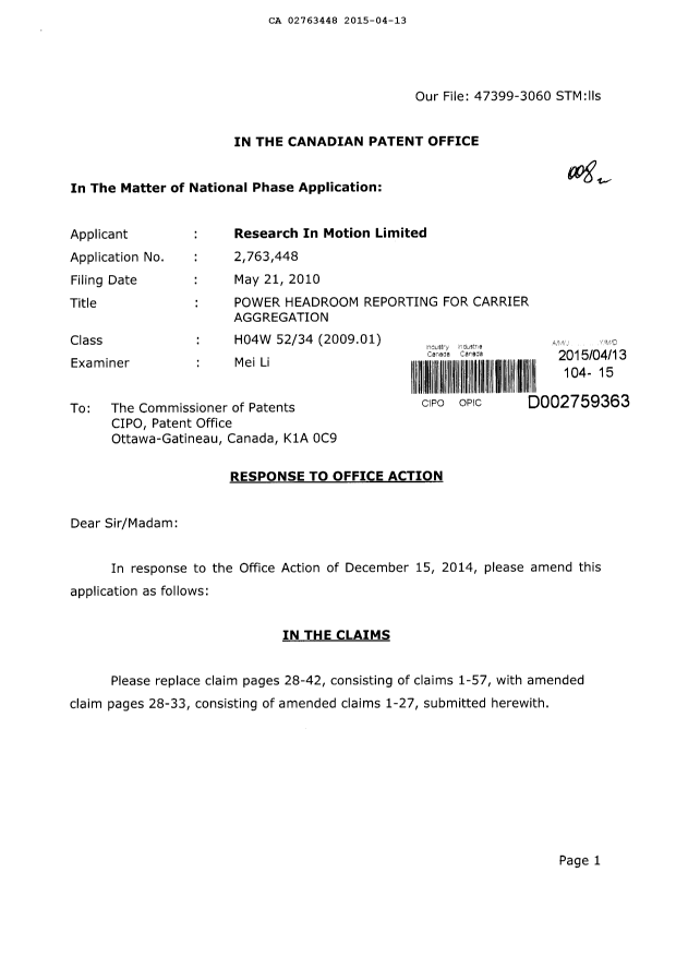 Canadian Patent Document 2763448. Prosecution-Amendment 20150413. Image 1 of 25