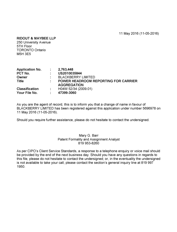 Canadian Patent Document 2763448. Office Letter 20160511. Image 1 of 1