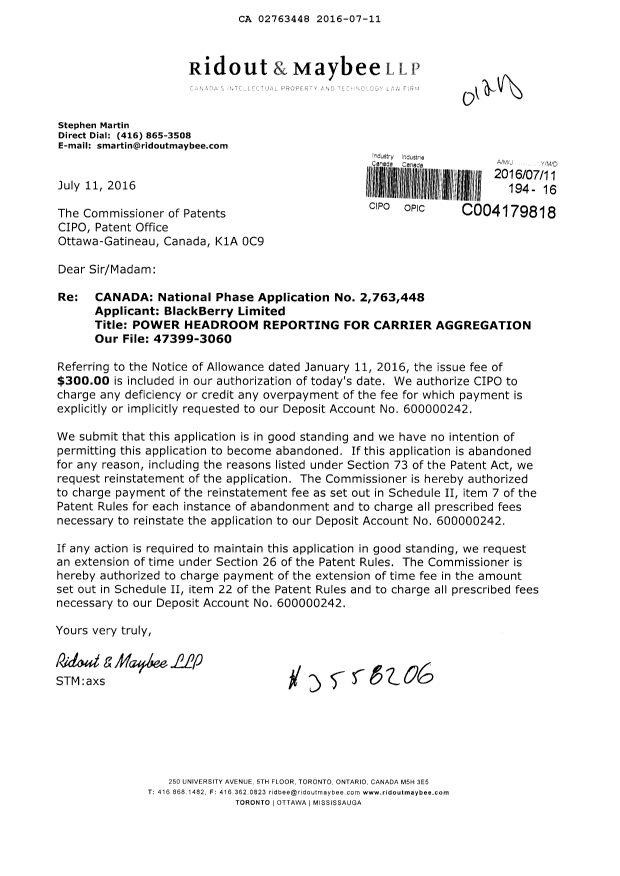 Document de brevet canadien 2763448. Taxe finale 20160711. Image 1 de 1