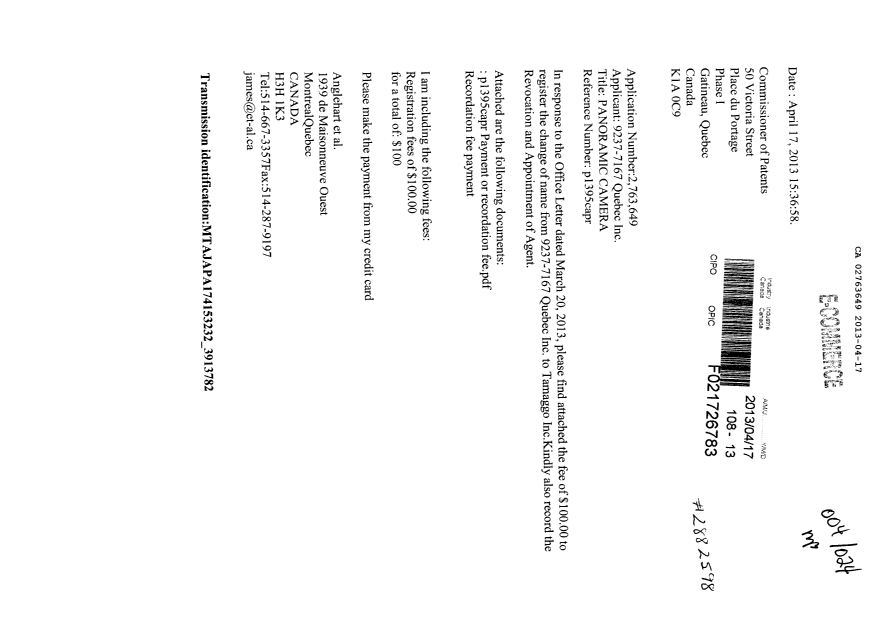 Document de brevet canadien 2763649. Correspondance 20130417. Image 1 de 2