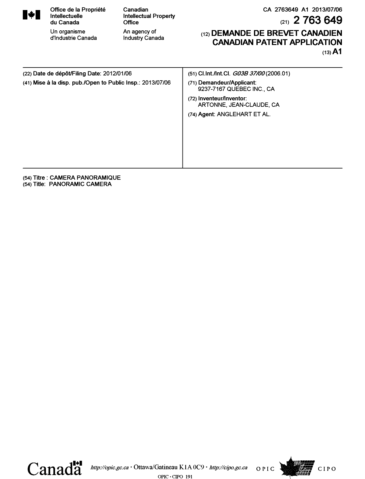 Document de brevet canadien 2763649. Page couverture 20130715. Image 1 de 1