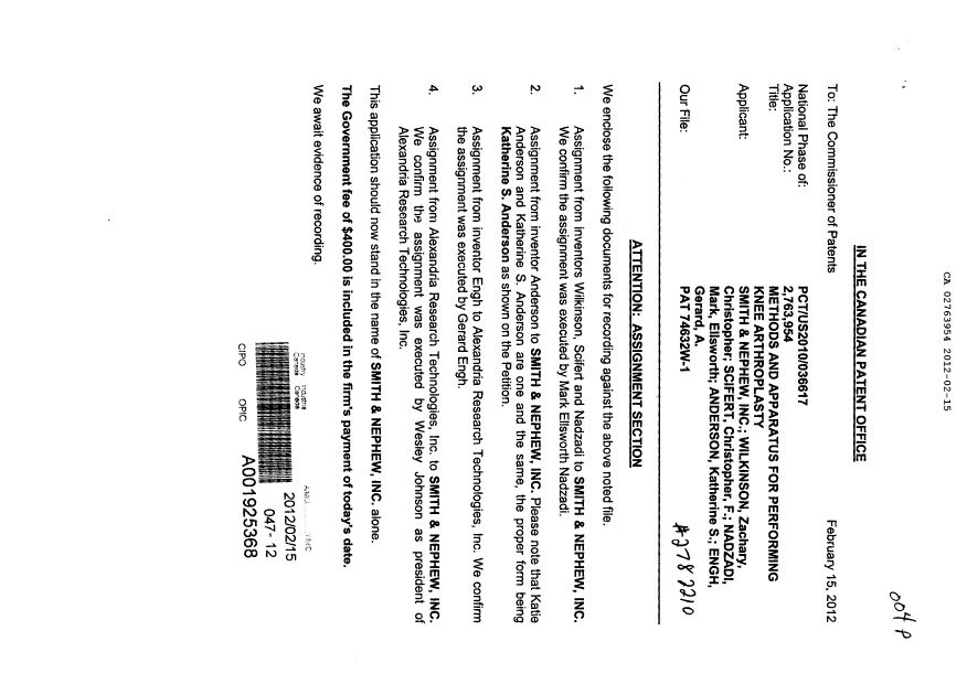 Document de brevet canadien 2763954. Cession 20120215. Image 1 de 15
