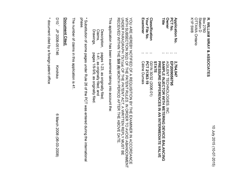 Canadian Patent Document 2764047. Examiner Requisition 20150710. Image 1 of 6