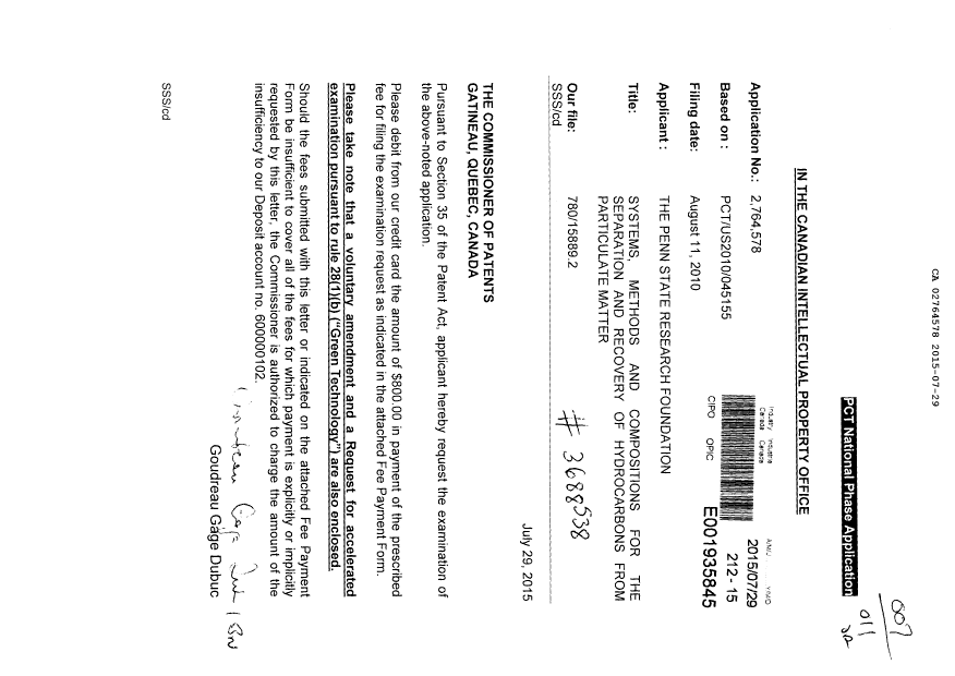 Canadian Patent Document 2764578. Special Order 20150729. Image 1 of 16