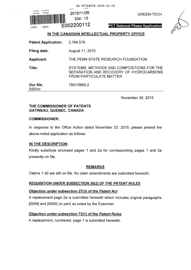 Document de brevet canadien 2764578. Modification 20151126. Image 1 de 4