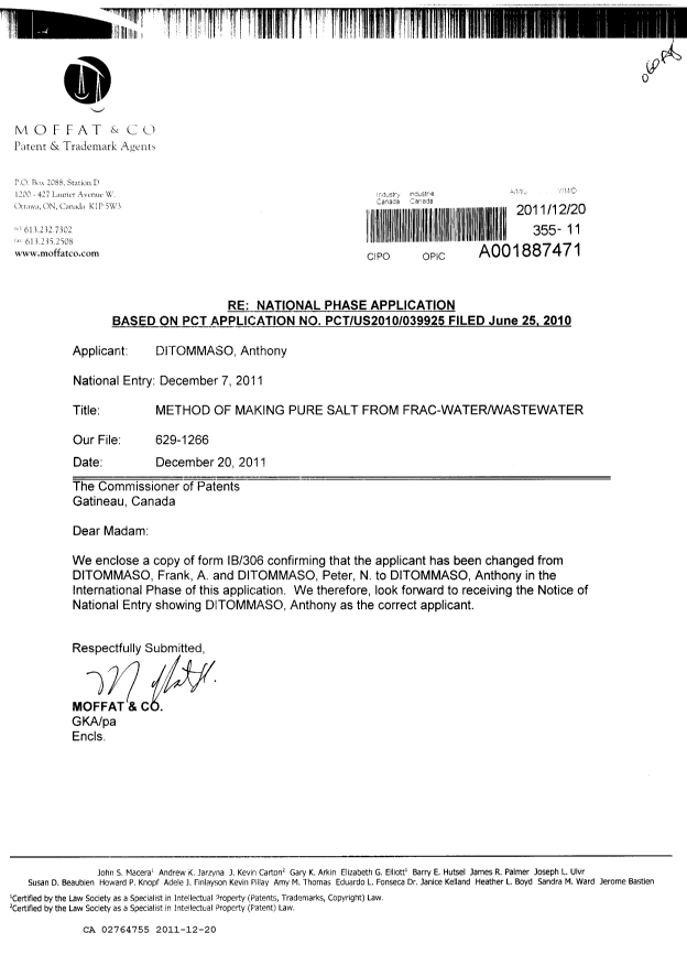 Document de brevet canadien 2764755. Correspondance 20111220. Image 1 de 2