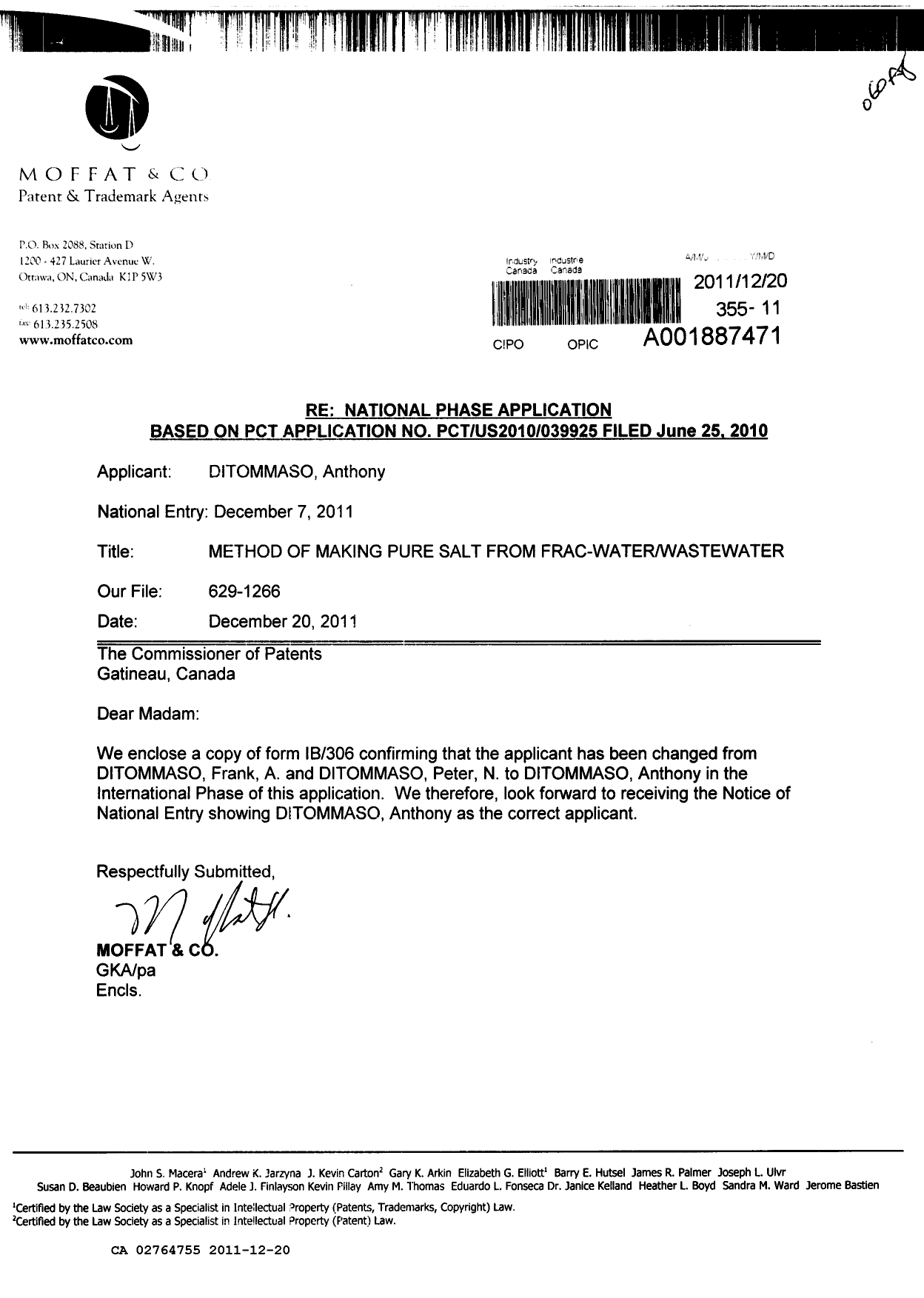Canadian Patent Document 2764755. Correspondence 20111220. Image 1 of 2
