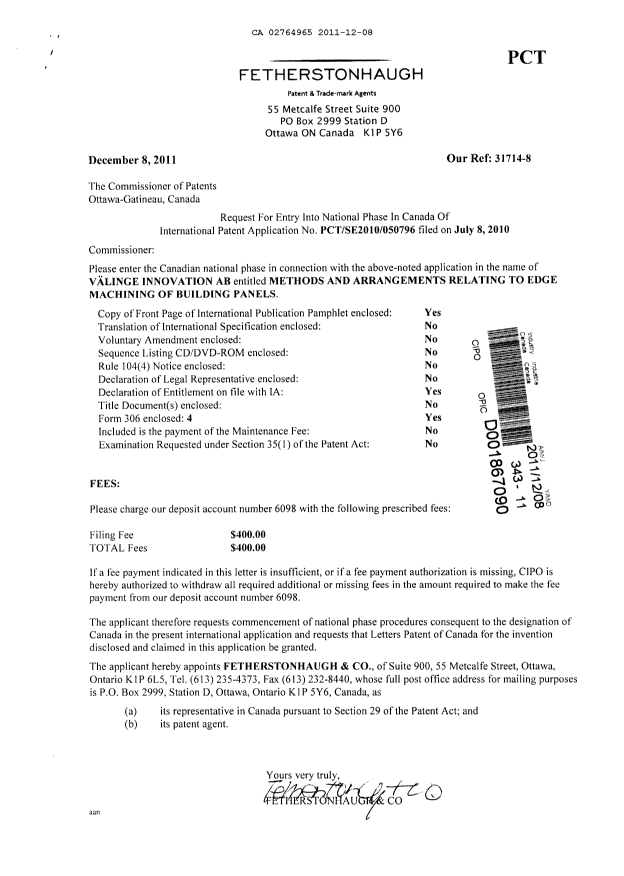Canadian Patent Document 2764965. Assignment 20111208. Image 1 of 2