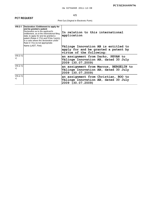 Document de brevet canadien 2764965. Cession 20111208. Image 2 de 2